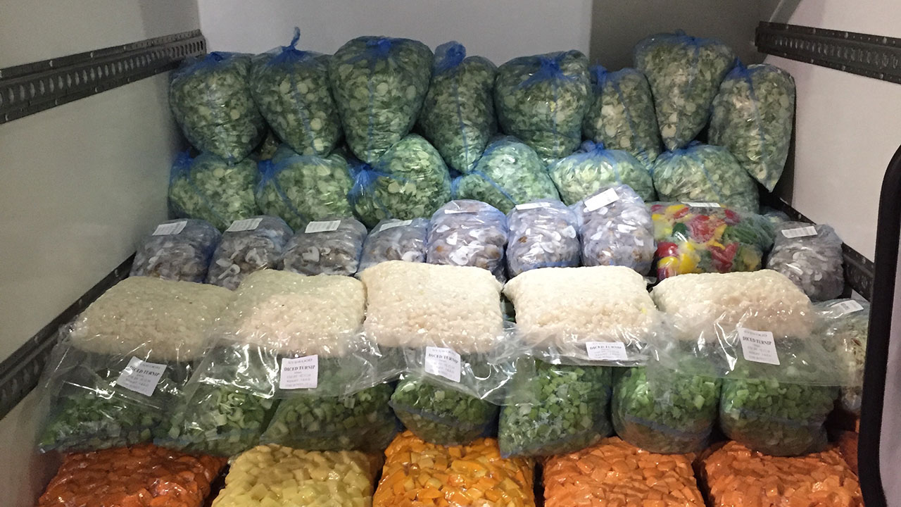 Prepared vegetables stored for commercial delivery