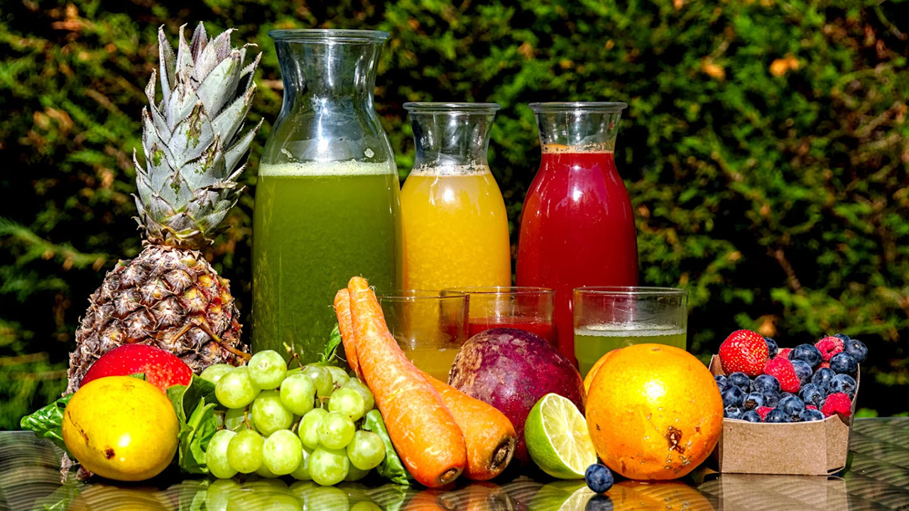 Fresh cold-pressed juices with fruit and vegetables